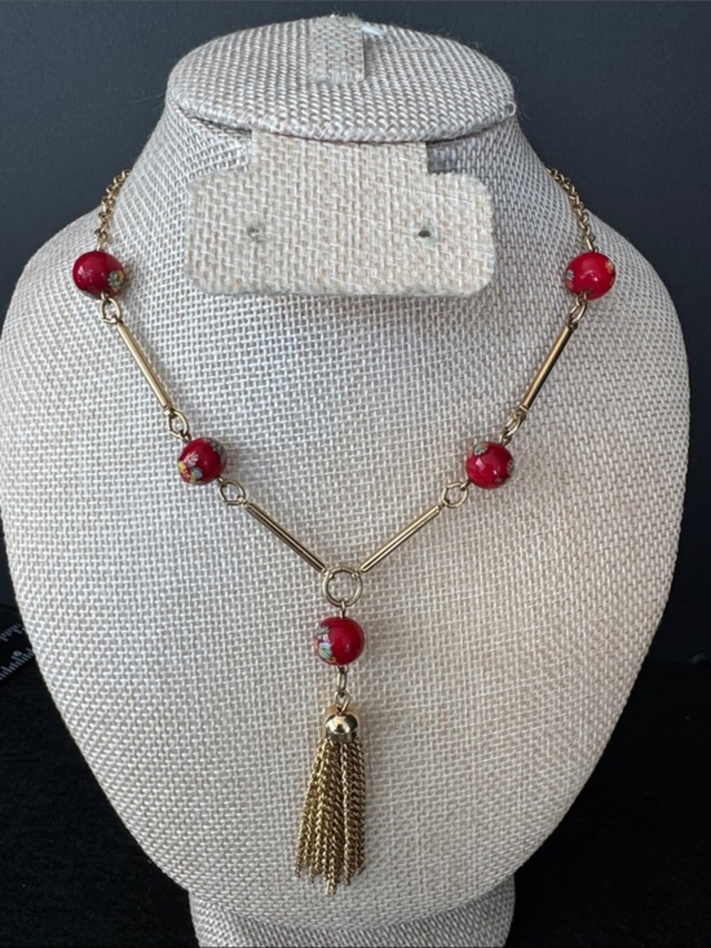 VTG Sarah Coventry "Venetian Treasure" Y-Necklace with Tassel 1960s Gold Red